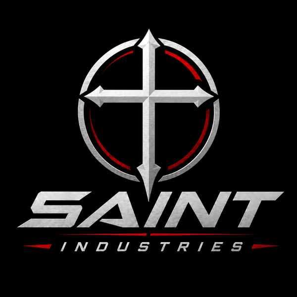 Logo of Saint Industries with a cross design on a black background